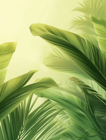 Tropical green palm leaves on white wall background. 3d render Palm Sunday Poster design, realistic, HD, copy spaceの素材