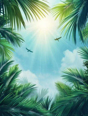 Coconut palm tree leaves on blue sky background with copy spaceの素材
