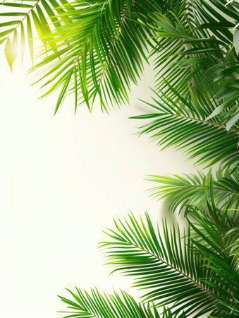 Coconut palm tree leaves on blue sky background with copy spaceの素材