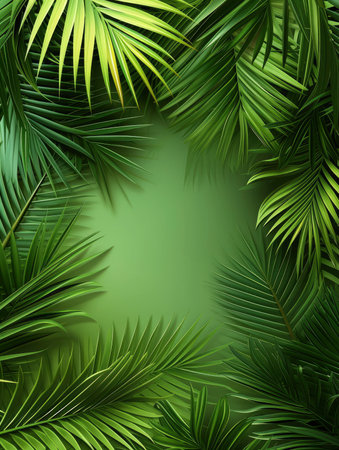 Coconut palm tree leaves on blue sky background with copy spaceの素材