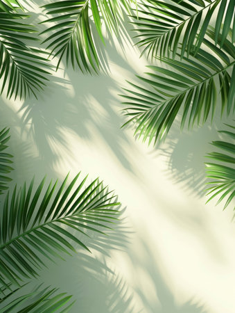 Coconut palm tree leaves on blue sky background with copy spaceの素材