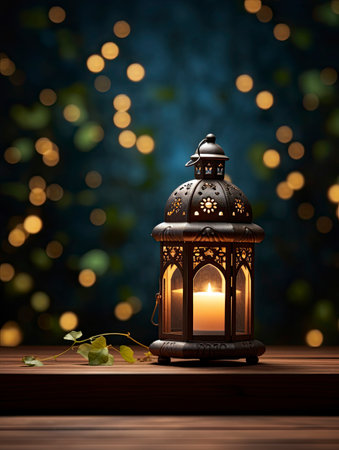 Ramadan Kareem greeting card with lantern and moon in night skyの素材