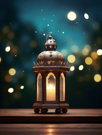 Ramadan Kareem greeting card with lantern and moon in night skyの素材