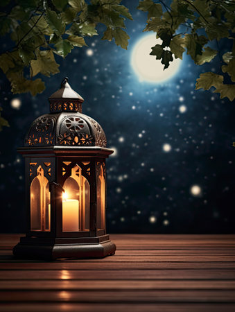 Ramadan Kareem greeting card with lantern and moon in night skyの素材