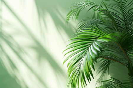 Coconut palm tree leaves on blue sky background with copy spaceの素材