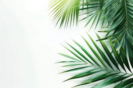 Coconut palm tree leaves on blue sky background with copy spaceの素材