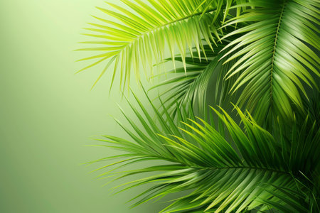 Coconut palm tree leaves on blue sky background with copy spaceの素材