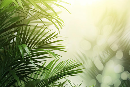 Coconut palm tree leaves on blue sky background with copy spaceの素材