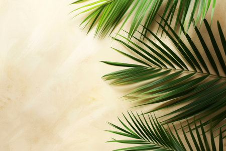 Coconut palm tree leaves on blue sky background with copy spaceの素材