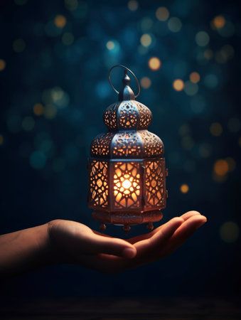Lantern in hand on bokeh background. Ramadan Kareem conceptの素材