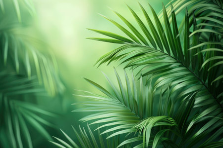 Coconut palm tree leaves on blue sky background with copy spaceの素材