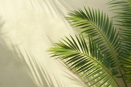 Coconut palm tree leaves on blue sky background with copy spaceの素材