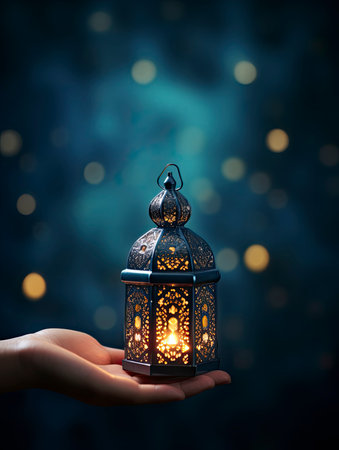 Lantern in hand on bokeh background. Ramadan Kareem conceptの素材