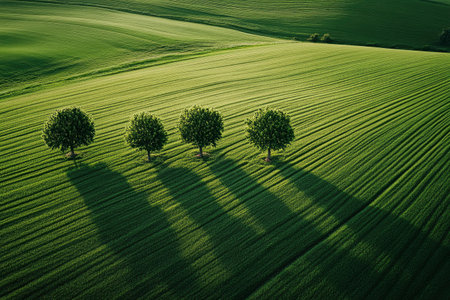 Aerial view of three trees in the field. Tuscany, Italyの素材