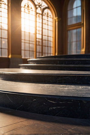 Elegant marble stairs lead upwards in a bright building with beautiful arched windows, creating a serene atmosphere perfect for interior design or architecture projects.の素材