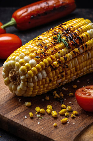 Delicious grilled corn on wooden board served with red pepper and tomatoes makes a healthy barbecue meal option for food photography.の素材