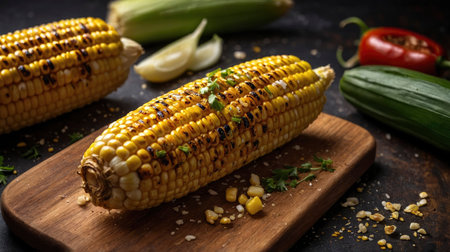 Grilled corn on the cob sits on a wooden board with other vegetables, ready to be enjoyed It's great for food photography and summer meal themes.の素材