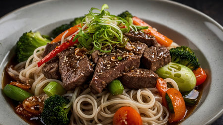 Tasty beef noodle dish is served with broccoli, tomatoes, and other colorful vegetables and sesame seeds Perfect for healthy eating ads.の素材