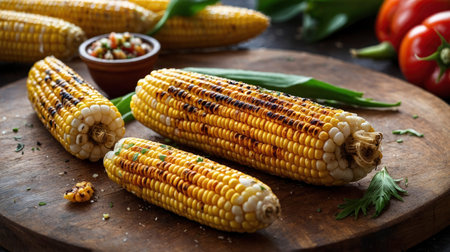 Delicious grilled corn arranged with fresh salsa and tomatoes on rustic wood for a vibrant summer meal Cooking and healthy eating concepts.の素材