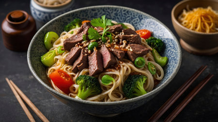 Delicious noodle bowl with steak and assorted vegetables is ready to eat Great for food blogs and cooking tutorials.の素材
