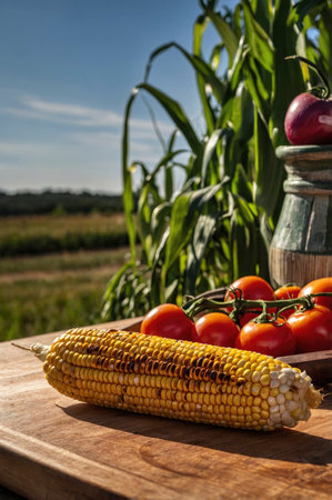 Grilled corn lies beside tomatoes and an onion on a wooden board outdoors Perfect for food and seasonal agriculture images.の素材