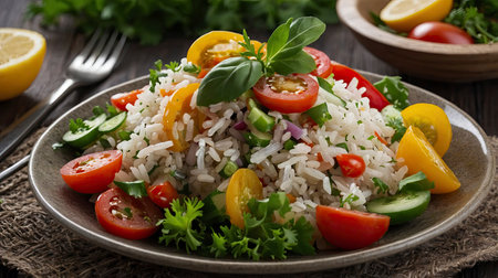 Delicious rice salad with fresh colorful vegetables and lemon is beautifully served on a plate Great for healthy eating and recipe ideas.の素材