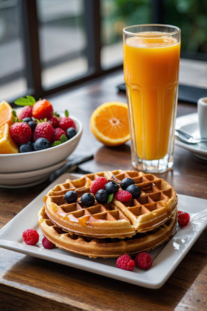 Stacked waffles topped with berries, alongside fresh orange juice and fruit, make a delightful breakfast scene Great for food or lifestyle content.の素材