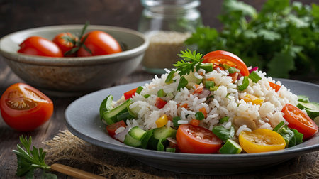 Healthy rice salad with colorful tomatoes, cucumbers, and herbs is served on rustic plate It's ideal for culinary or dietary content.の素材