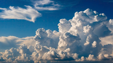 Dramatic clouds fill the blue sky, creating a serene and powerful scene ideal for weather or nature illustrations.の素材