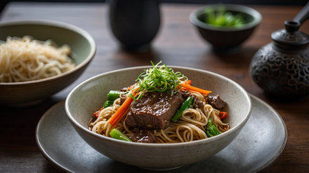 A beef noodle bowl is served with sliced carrots, asparagus and other vegetables This meal is suited for healthy dining.の素材
