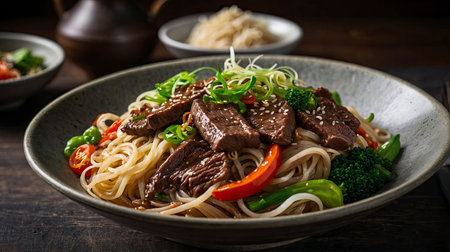Delicious beef noodles with fresh vegetables and sesame seeds presented in a bowl, perfect for food blogs and recipes.の素材
