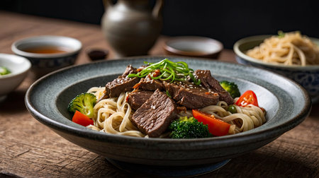 Close-up shows a delicious beef noodle bowl with vegetables, garnished with greens, perfect for showcasing Asian cuisine and healthy eating.の素材
