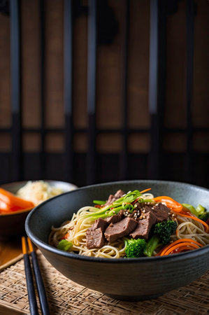 Delicious beef noodle stir-fry with broccoli and carrots presented in a dark bowl Great for food blogs and restaurant menus.の素材