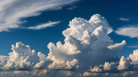 Fluffy white clouds stand out dramatically against the deep blue sky, evoking a sense of wonder and inspiration Use it for nature or weather related projects.の素材