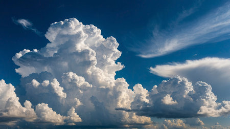 Dramatic cumulus clouds fill the sky, creating a stunning vista of natural weather patterns Perfect for illustrating meteorology or atmospheric beauty.の素材