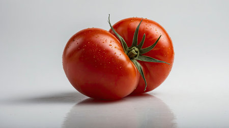 A ripe tomato with water droplets rests on a reflective surface showcasing its vibrant color and freshness Perfect for culinary or food related projects.の素材