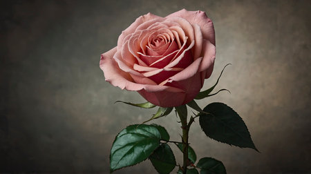 Single soft pink rose with dark green leaves creates a romantic mood against a textured grey backdrop Great for floral designs and romantic cards.の素材