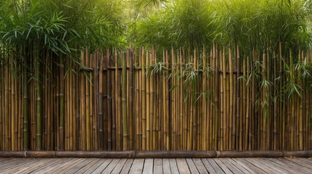 Bamboo fence provides a natural backdrop with a wooden deck and vibrant green leaves, great for adding an organic touch to design projects.の素材