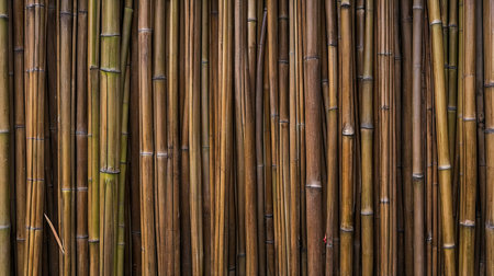 Detailed bamboo stalks create a natural textured background in shades of brown and green that is great for design elements.の素材