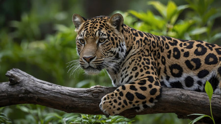 Focused jaguar rests calmly on a branch, its striking spotted coat contrasting with the lush green foliage This image is ideal for wildlife and conservation projects.の素材