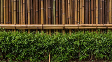 Close-up of a bamboo fence with green plants creating a natural boundary and providing privacy, ideal for landscaping and gardening designs.の素材