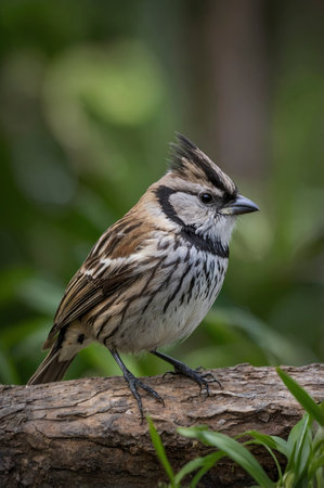 A crested tit warbler sits gracefully on a branch, its striking plumage captured in a peaceful outdoor scene Great for wildlife and ornithology publications.の素材