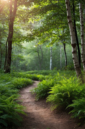 A dirt path winds through a tranquil forest setting with vibrant green ferns and birch trees, creating a peaceful atmosphere, perfect for nature and hiking themes.の素材