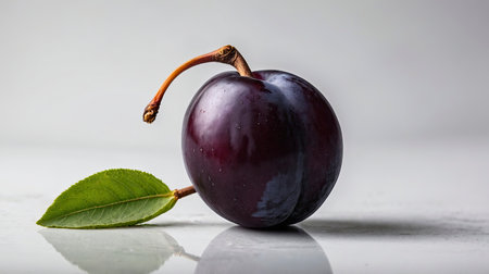 Close-up view shows a ripe plum with stem and leaf reflecting on white surface making a healthy food statement for culinary projects.の素材