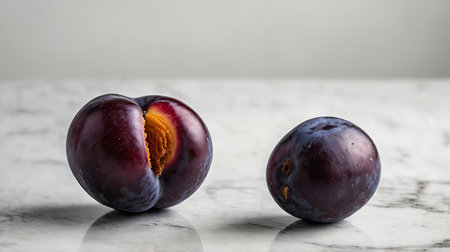 Two fresh plums are displayed on a marble surface, one sliced open to reveal its pit. Perfect for food or healthy eating concepts.の素材