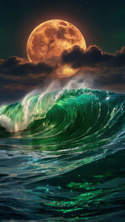 A powerful green ocean wave curls and crashes under a bright full moon against a backdrop of stars Great for nature and surreal fantasy visuals.の素材