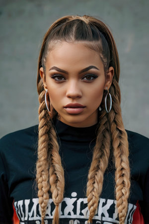 Stylish young woman gazes intently with a serious expression, showcasing her braided blonde hair and confident attitude Perfect for beauty and fashion related projects.の素材