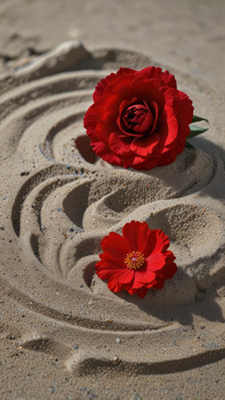 Two vibrant red flowers lie on sand featuring a zen garden pattern invoking calm and tranquility Perfect for mindfulness and spa concepts.の素材