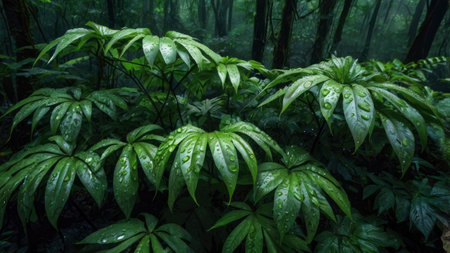 Close-up of lush green plant leaves covered in raindrops in a misty forest setting perfect for nature and travel photography projects.の素材