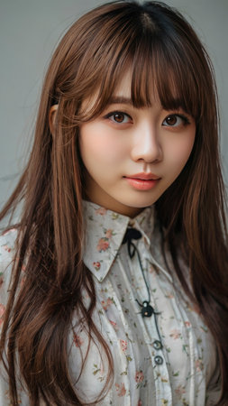 Close-up portrait of a young Asian woman with bangs and a floral blouse gazing directly at the camera perfect for fashion or beauty concepts.の素材